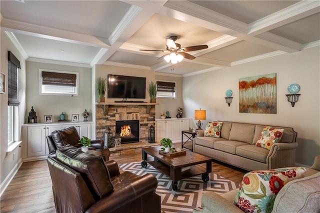 4305 Hunters Walk Way, Cumming, GA 30028 - living room with wood finished floors, coffered ceiling, beamed ceiling, a ceiling fan, and a fireplace