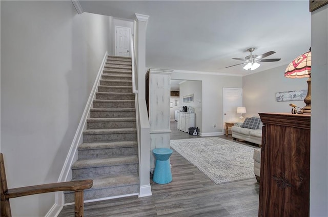 staircase with ornamental molding, hardwood / wood-style flooring, and ceiling fan