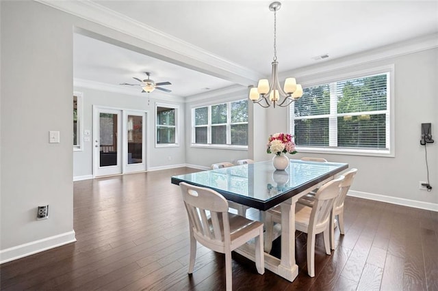 2385 Saddle Brook Trce, Cumming, GA 30040 - dining room with a chandelier, baseboards, ornamental molding, dark wood-style flooring, and french doors