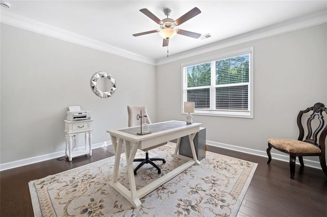 2385 Saddle Brook Trce, Cumming, GA 30040 - office space with crown molding, baseboards, dark wood-type flooring, and ceiling fan