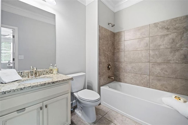 2385 Saddle Brook Trce, Cumming, GA 30040 - bathroom featuring crown molding, vanity, shower / bathtub combination, toilet, and tile patterned flooring
