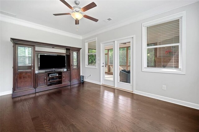 2385 Saddle Brook Trce, Cumming, GA 30040 - unfurnished living room with baseboards, ceiling fan, plenty of natural light, and crown molding