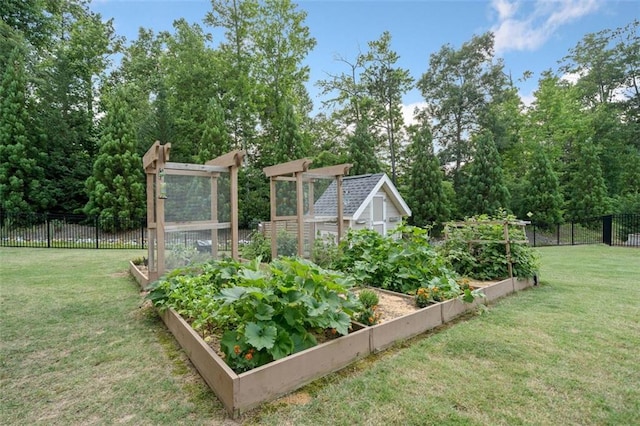 2385 Saddle Brook Trce, Cumming, GA 30040 - view of yard with a vegetable garden, an exterior structure, an outdoor structure, and view of wooded area