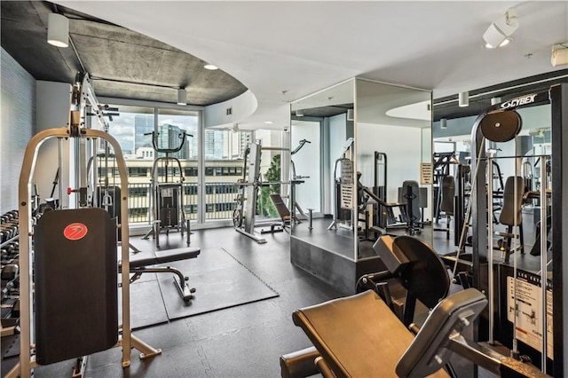 exercise room featuring floor to ceiling windows