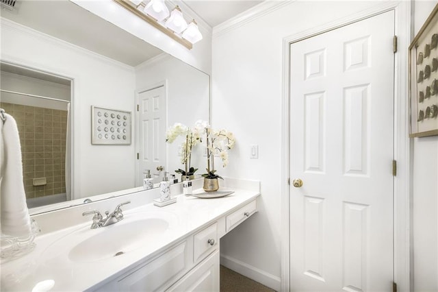 bathroom with baseboards, walk in shower, crown molding, and vanity