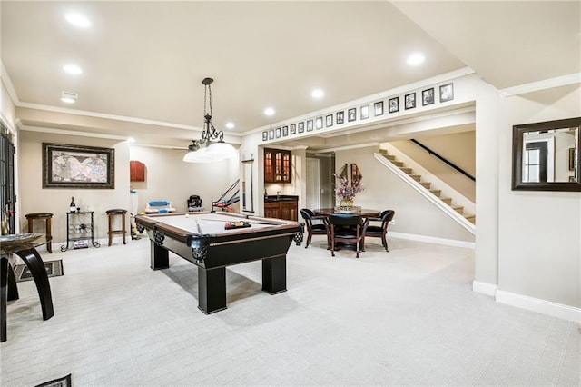 game room featuring billiards, crown molding, carpet flooring, and baseboards