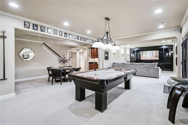 game room featuring ornamental molding, recessed lighting, light colored carpet, and baseboards