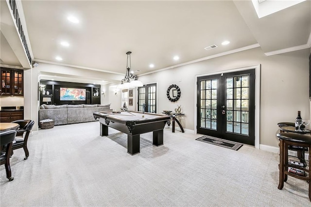 playroom featuring french doors, recessed lighting, visible vents, carpet flooring, and baseboards