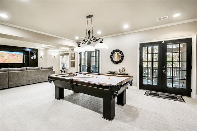 playroom featuring light carpet, pool table, visible vents, french doors, and crown molding