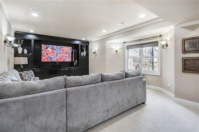 home theater featuring recessed lighting, light carpet, visible vents, baseboards, and crown molding