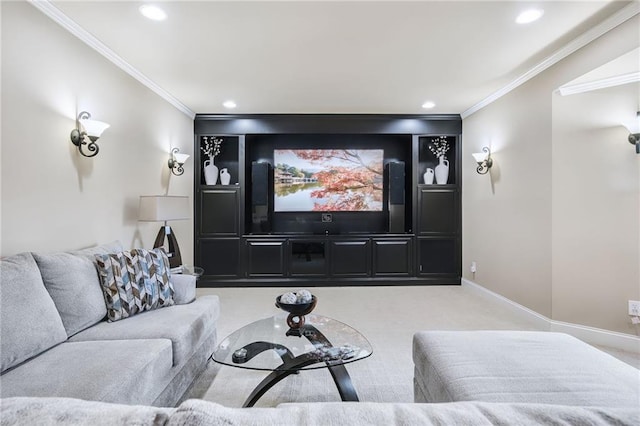 home theater featuring baseboards, crown molding, and light colored carpet