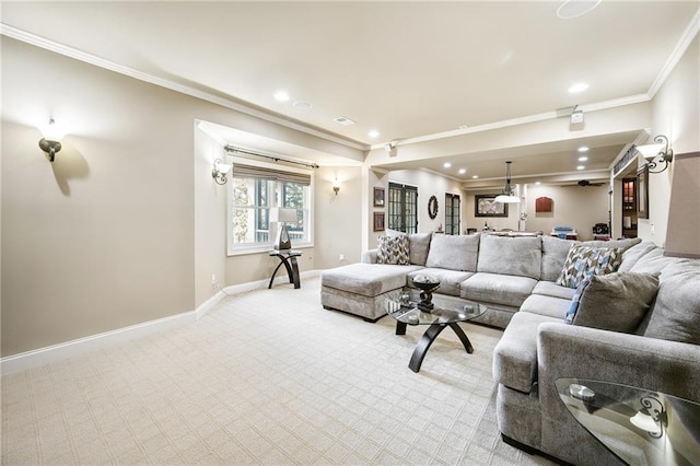 carpeted living area featuring visible vents, baseboards, crown molding, and recessed lighting