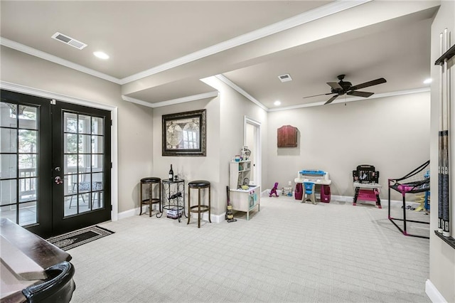 playroom with recessed lighting, french doors, visible vents, and baseboards