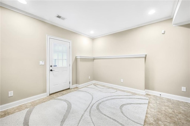 spare room with recessed lighting, visible vents, baseboards, tile patterned floors, and crown molding