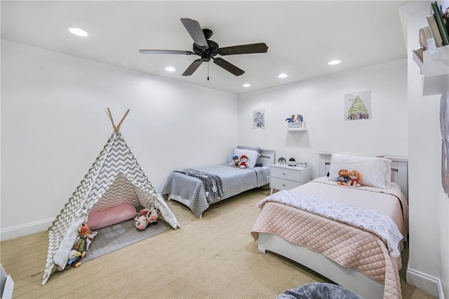 bedroom featuring carpet floors, ceiling fan, baseboards, and recessed lighting