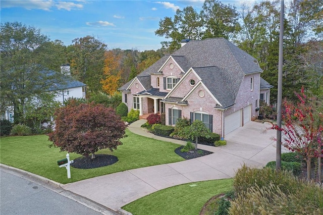 view of front of property with driveway, a shingled roof, an attached garage, a front yard, and brick siding