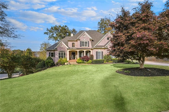 view of front of property with a front yard and a chimney