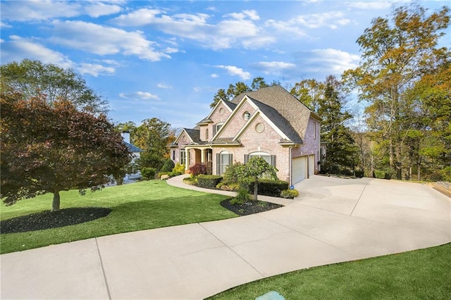 view of front of house with a shingled roof, concrete driveway, an attached garage, and a front lawn