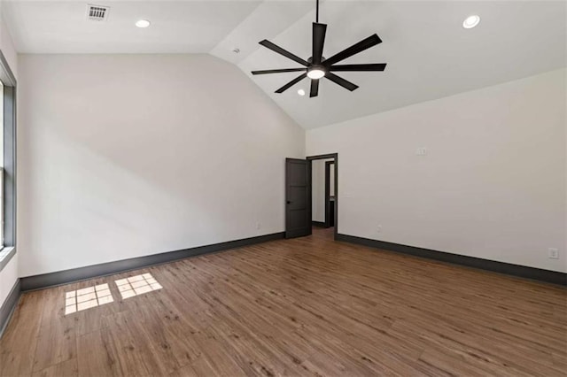 2462 New Hope Rd, Morganton, GA 30560 - unfurnished room with ceiling fan, high vaulted ceiling, baseboards, wood finished floors, and recessed lighting