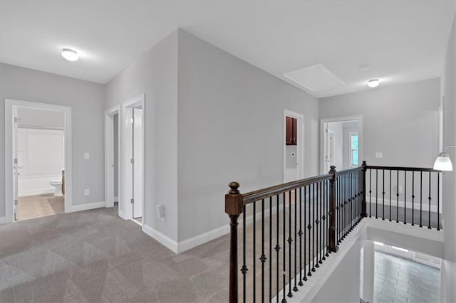 hallway with light colored carpet