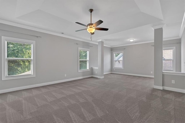 carpeted spare room with crown molding, a raised ceiling, and ceiling fan