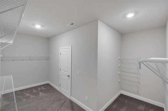 spacious closet with dark colored carpet