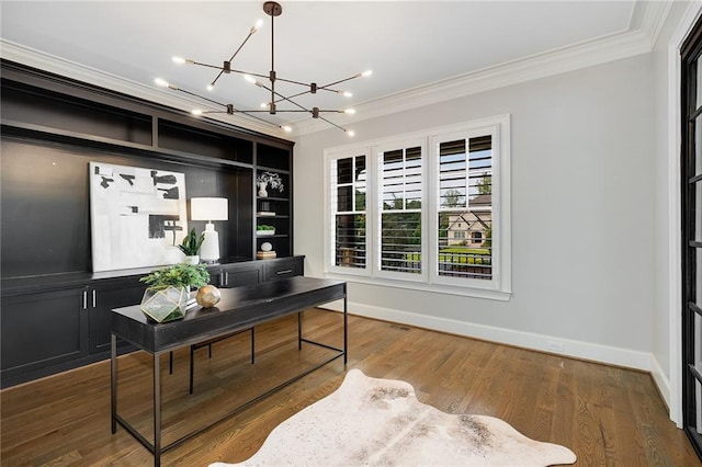 office with crown molding, wood-type flooring, and a notable chandelier