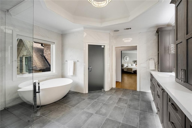 bathroom with tile patterned floors, vanity, a tray ceiling, and a washtub