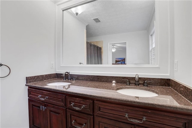 bathroom with crown molding, vanity, and a textured ceiling