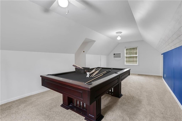 playroom featuring vaulted ceiling, an AC wall unit, carpet floors, pool table, and ceiling fan