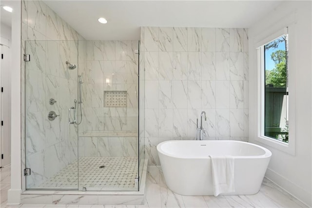 477 Michael Dr, Alpharetta, GA 30009 - bathroom featuring marble finish floors, a freestanding bath, a marble finish shower, and recessed lighting