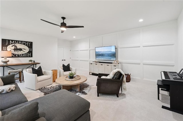 477 Michael Dr, Alpharetta, GA 30009 - carpeted living area with a decorative wall, ceiling fan, and recessed lighting