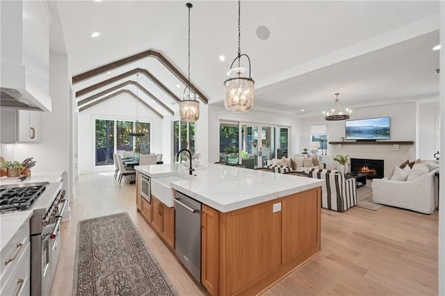 477 Michael Dr, Alpharetta, GA 30009 - kitchen featuring premium range hood, stainless steel appliances, a chandelier, light wood finished floors, and recessed lighting