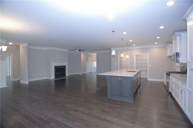 kitchen featuring hanging light fixtures, dark hardwood / wood-style flooring, appliances with stainless steel finishes, a spacious island, and white cabinetry