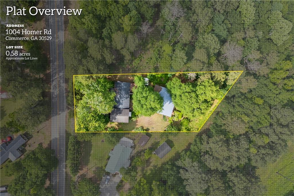 1004 Homer Rd, Commerce, GA 30529 - aerial overview of property's location featuring property parcel outlined