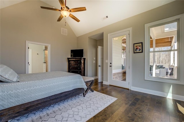 bedroom with dark wood-style floors, visible vents, and baseboards