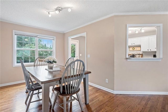 173 Cline Smith Rd NE, Cartersville, GA 30121 - dining area featuring a textured ceiling, wood finished floors, ornamental molding, and rail lighting