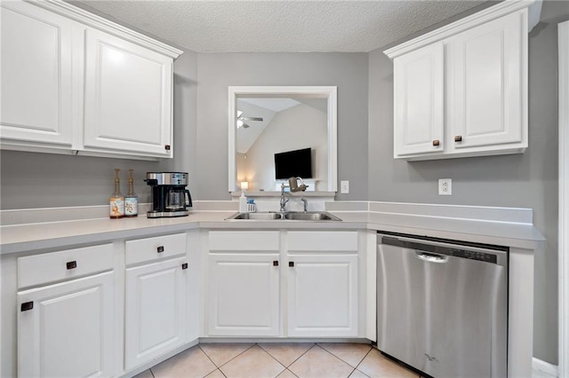 173 Cline Smith Rd NE, Cartersville, GA 30121 - kitchen featuring stainless steel dishwasher, light countertops, white cabinetry, a ceiling fan, and a textured ceiling