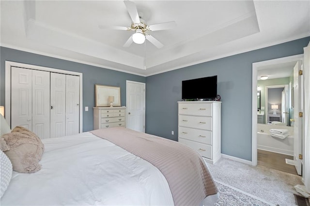 173 Cline Smith Rd NE, Cartersville, GA 30121 - bedroom featuring a raised ceiling, carpet, ornamental molding, ceiling fan, and connected bathroom