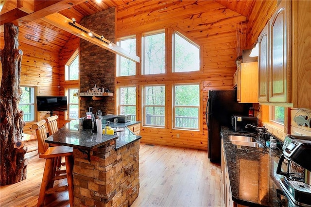 kitchen with wood walls, a sink, high vaulted ceiling, and wooden ceiling