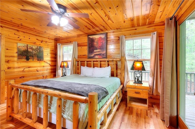 bedroom with wood ceiling, wood walls, and light wood finished floors