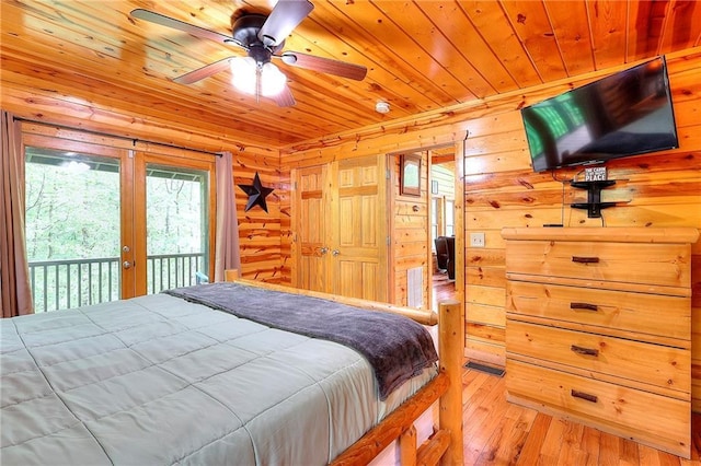 bedroom with wood ceiling, hardwood / wood-style floors, access to outside, wood walls, and french doors