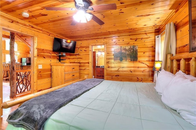 bedroom with wooden walls, wooden ceiling, and multiple windows