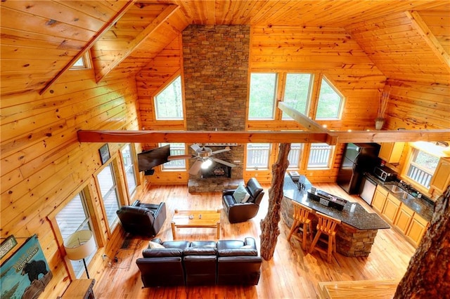 living area with light wood-style flooring, wooden ceiling, a wealth of natural light, and lofted ceiling