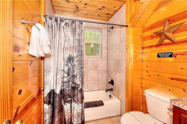 bathroom featuring wooden ceiling, toilet, shower / bath combination with curtain, tile patterned floors, and vanity