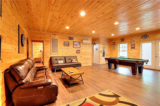 game room with recessed lighting, wood ceiling, billiards, light wood finished floors, and french doors