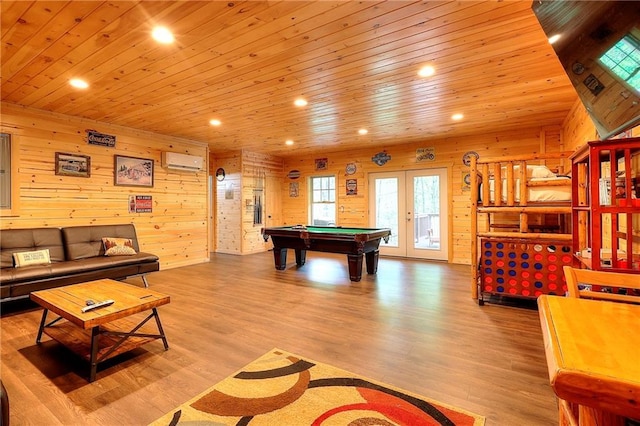 playroom featuring wood finished floors, wood ceiling, billiards, a wall mounted AC, and french doors