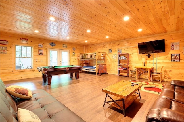 game room featuring wood ceiling, wood walls, recessed lighting, pool table, and wood finished floors