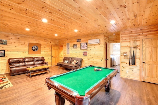 playroom with recessed lighting, a wall unit AC, wood finished floors, and wood ceiling