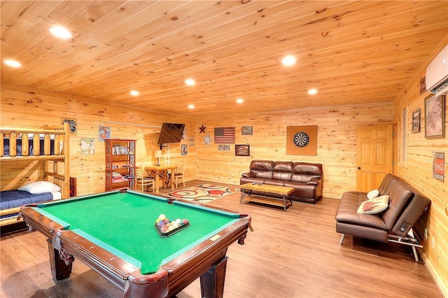 playroom with recessed lighting, wood finished floors, and wood ceiling